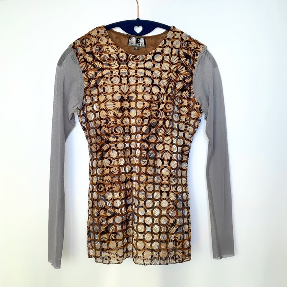 Petit Pois by Viviana G Mesh Stretch Velour Pullover Brown Gray Top - Picture 1 of 4